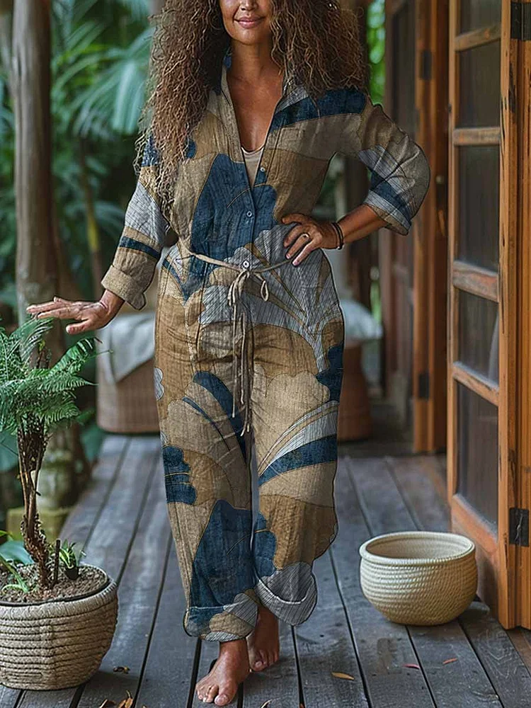 Women's Ginkgo Leaf Print Casual Cotton Wide Leg Jumpsuit