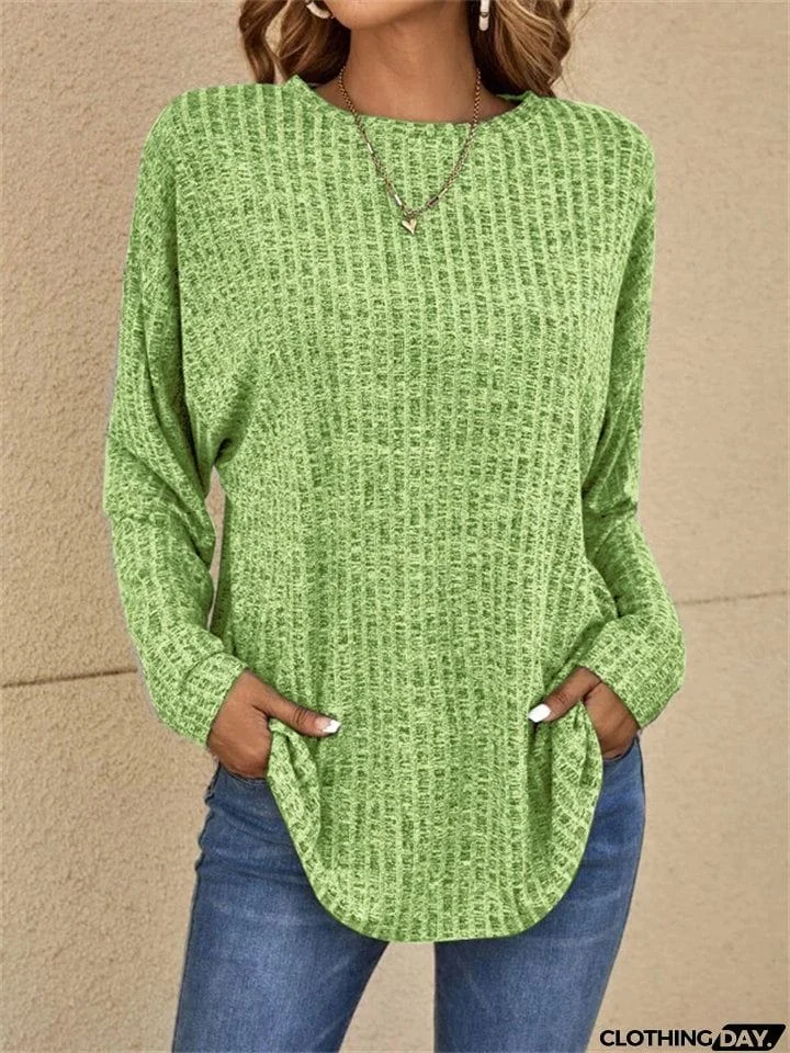 Autumn Knitted Round Neck Ribbed Long Sleeve Loose Tops