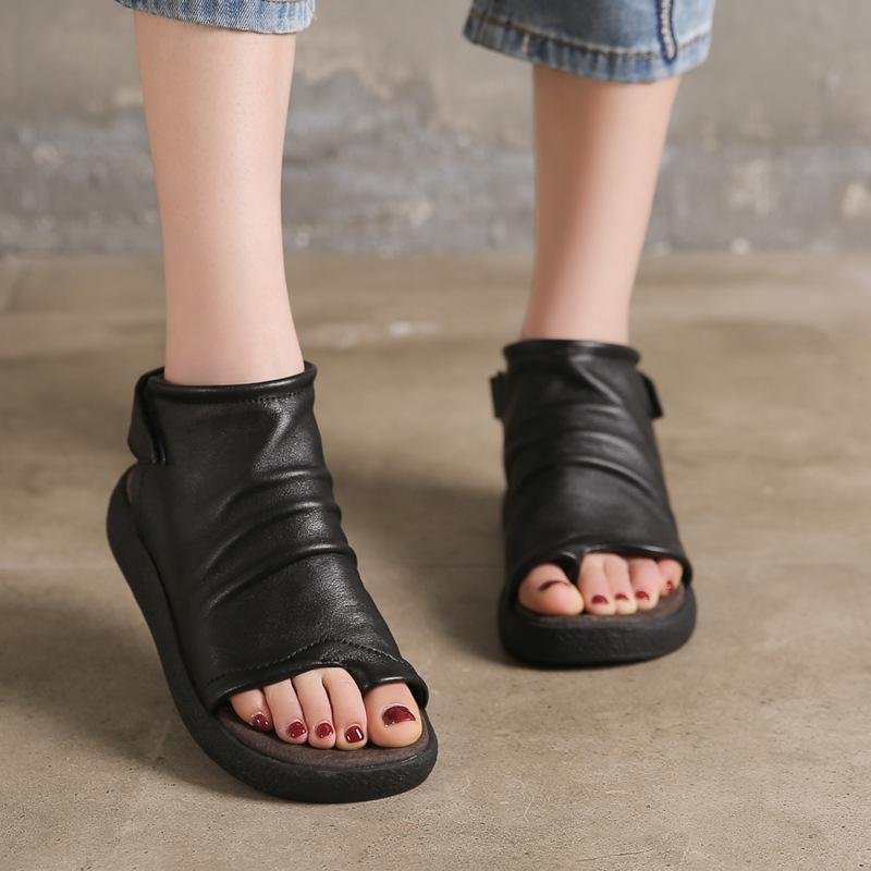 Babakud Cowhide Low Heel Open Toe Summer Women Sandals- Fabulory