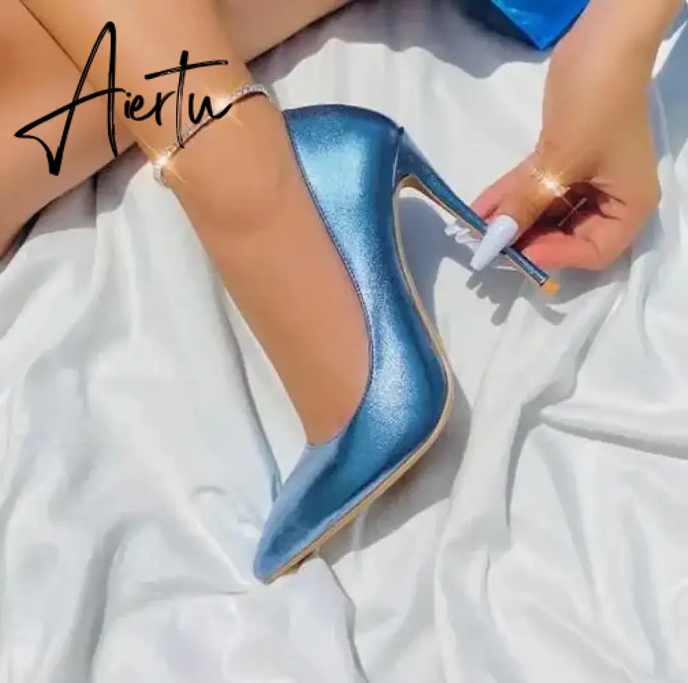 Pink Metallic Leather Woman High Heel Shoes Pointed Toe Shallow Stiletto High Heels Pumps Slip-on Polished Leather Runway Shoes Aiertu