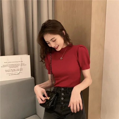 Summer 2021 Solid O Neck Short Puff Sleeve Female Tops Knitted Shirts Blouse Women Loose Casual Cotton Ladies Tees Blusas 10375
