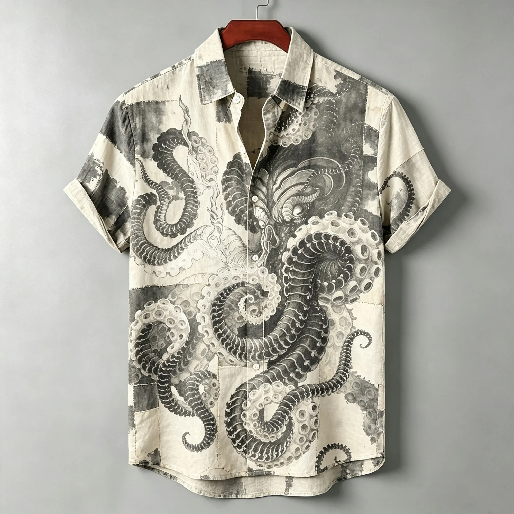 Men's Retro Octopus Marine Life Patchwork Print Casual Shirt  artssus