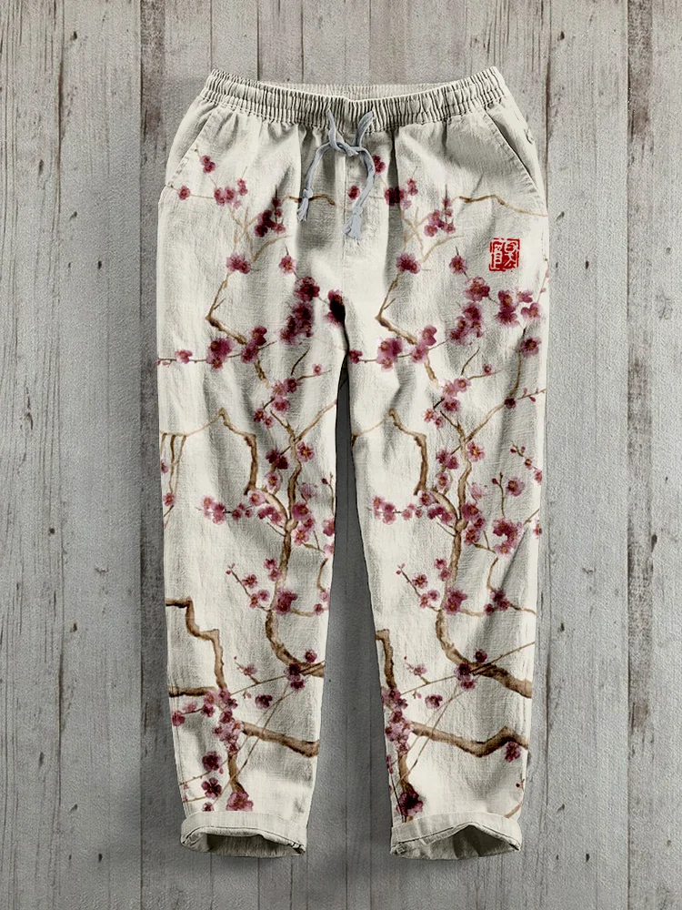 Japanese Cherry Blossom Art Linen Blend Casual Pants
