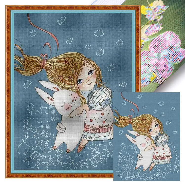 Joy Sunday Girl And Bunny - Printed Cross Stitch 14CT 35*44CM