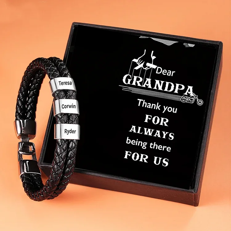 3 Names-Personalized Grandpa Braided Leather Bracelet Card Set, Custom Bracelet Engraved 3 Names Bracelet for Grandpa