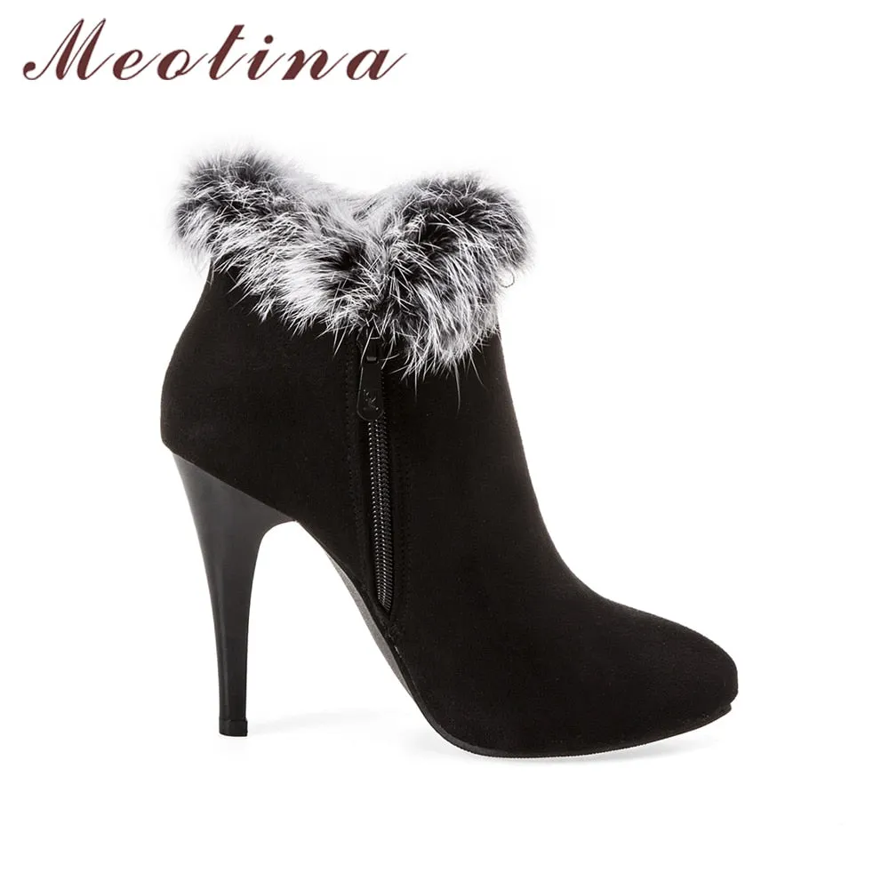 Meotina Sexy Women Boots Winter High Heels Ankle Boots Shoes Women Fall Ladies Short Boots Snow Fur Zip White Red Big Size 11 45