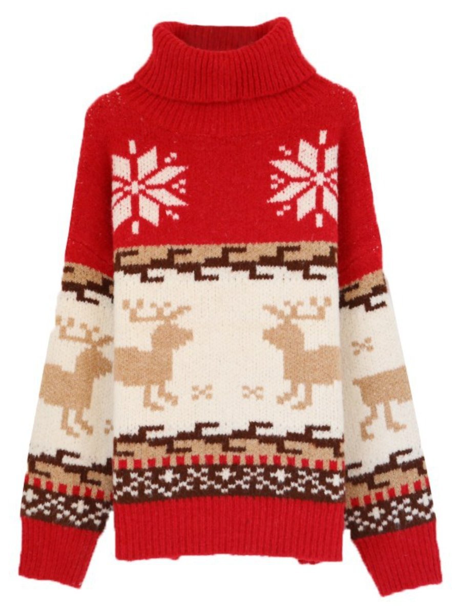 Sweaters For Women Christmas Turtleneck Printed Long Sleeve Knitted Pullover Sweaters