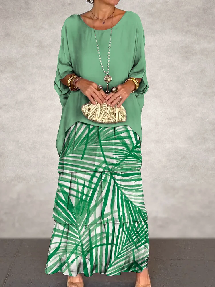 Women's Vintage Tropical Green Leaves Art Print Elegant Chiffon Cake Skirt