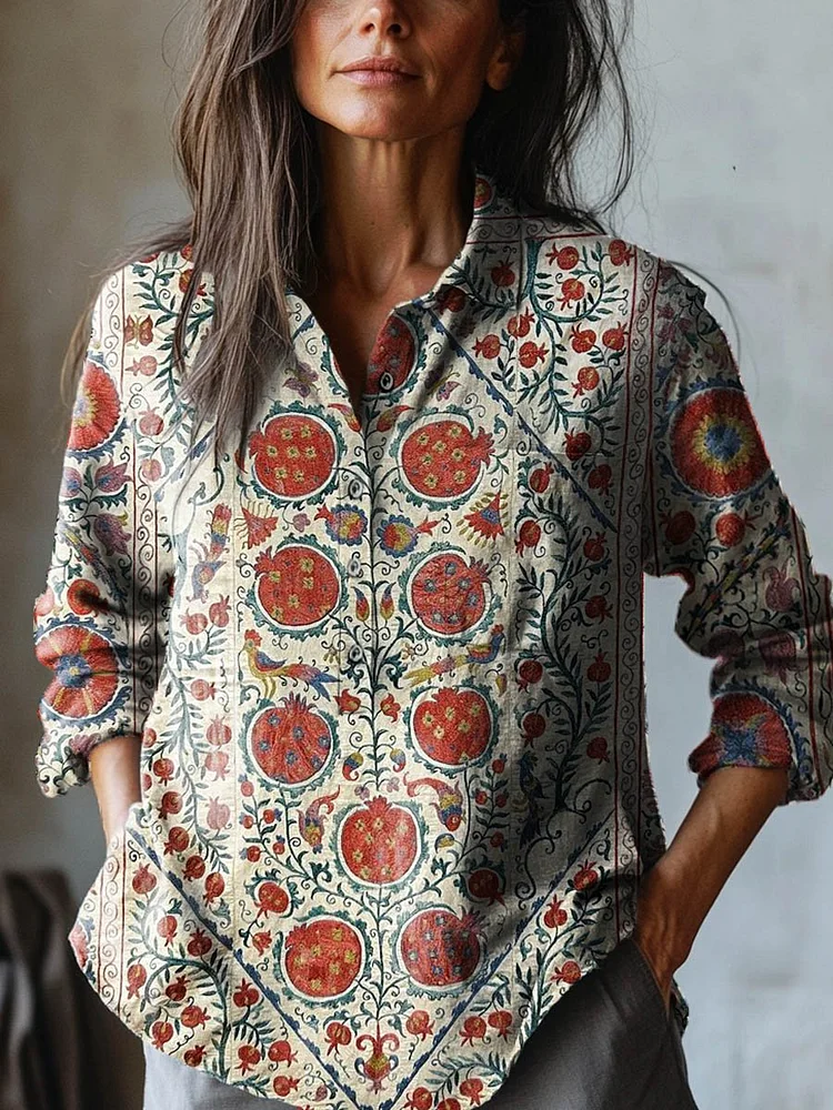 Women's Vintage Lovely Floral Art Print Casual Cotton And Linen Shirt