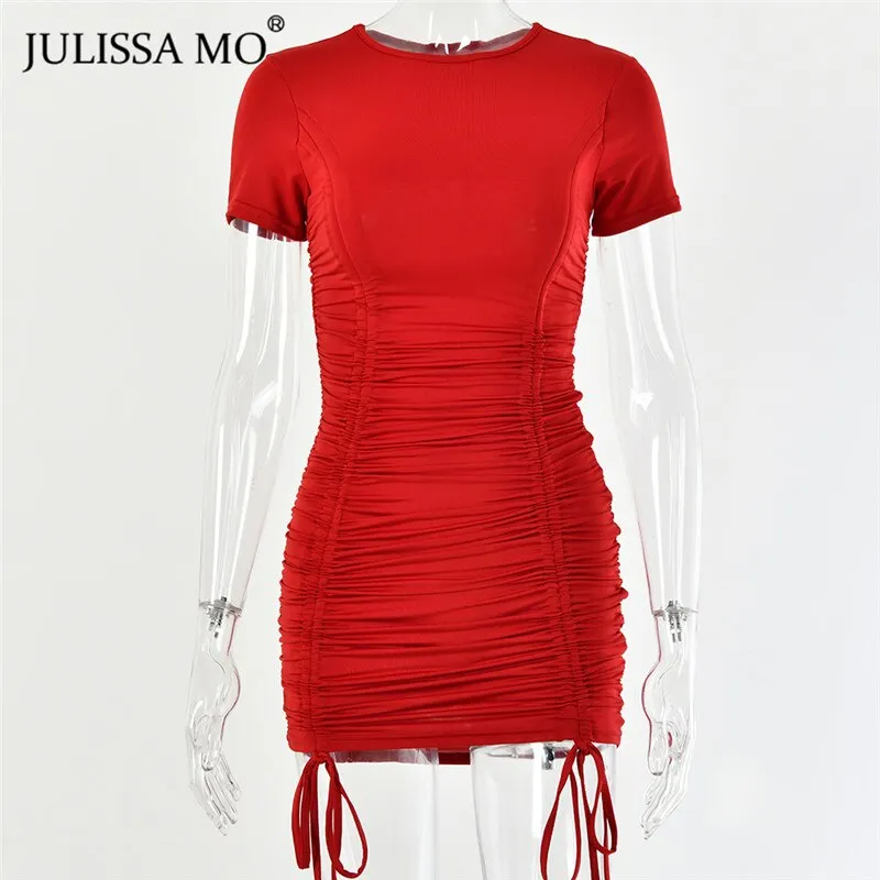 JULISSA MO White Drawstring Ruched Summer Dress Women Sexy Skinny Bodycon Bandage Dress New Casual Short Sleeve Mini Dresses