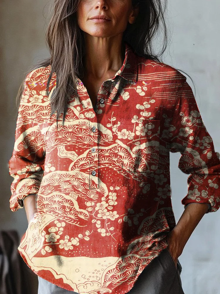 Women's Japanese Classic Plum Blossom Art Print Casual Cotton And Linen Shirt