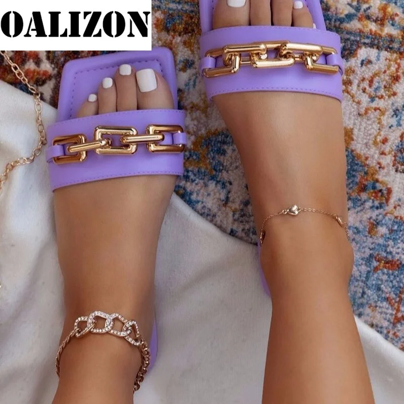 New Summer Women's Flats Slippers Sandals Sexy Square Toe Chain Shoes Woman Female Flip Flops Casual Slides Slippers Mules Shoes