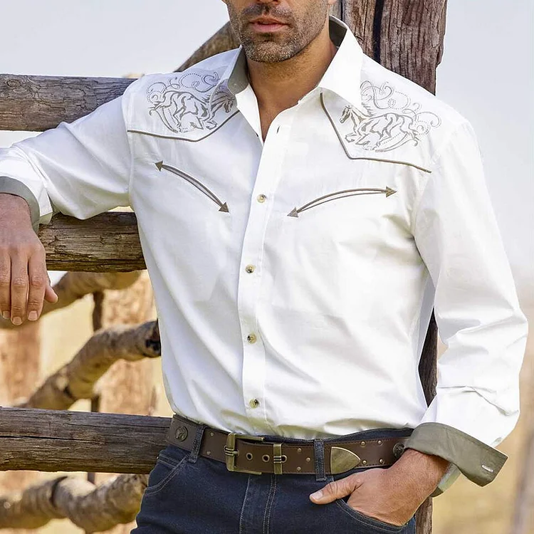 Men'S Western Horse Embroidery Print Shirt