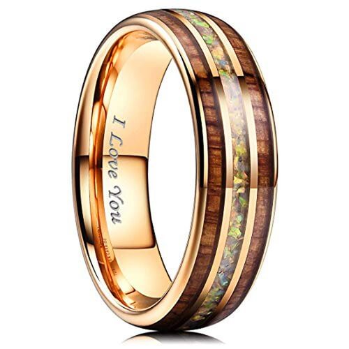 Men's Tungsten Carbide Wedding Band Matching Rings,Rose Gold Tone Wood and Rainbow Opal Inlay Ring,"I Love you" text With Mens And Womens Ring For Width 4MM 6MM 8MM 10MM