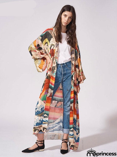 Women's Open Stitch Flare Sleeve Floral Long Beach Cover Up