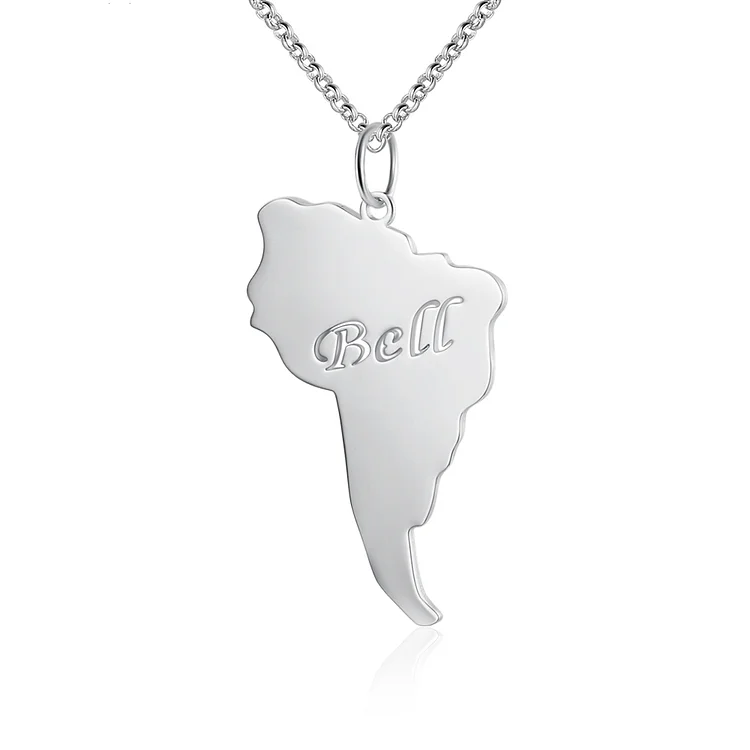 Personalized South America Continent Map Pendant Necklace Engraved with 1 Name
