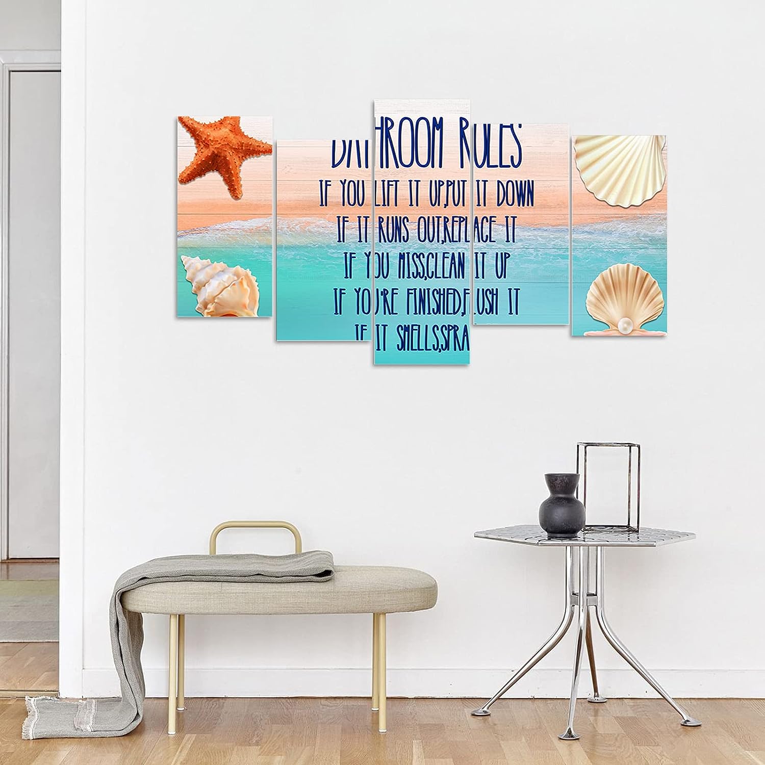 5 Piece Canvas Wall Art for Living Room, Beach Stretched and Framed Art Canvas Prints for Home Holiday Decoration 12x24*4+12x32inch, Ready to Hang - Wood Grain Starfish Shell Bathroom Rules 12x24*4+12x32inch