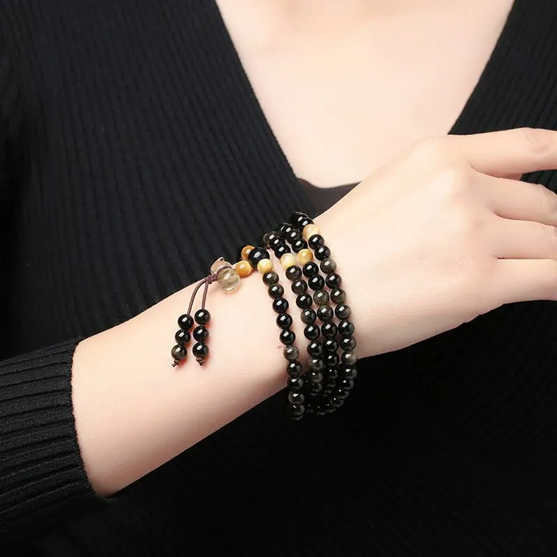 Natural Ice Obsidian Tiger Eye Gourd Bracelet Necklace Mala