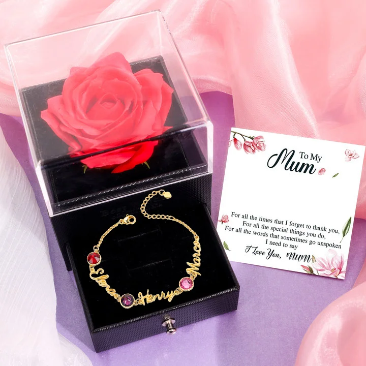 Personalized Bracelet With Birthstone Set With Rose Gift Box Custom 3 Names Bracelet Gift For Women