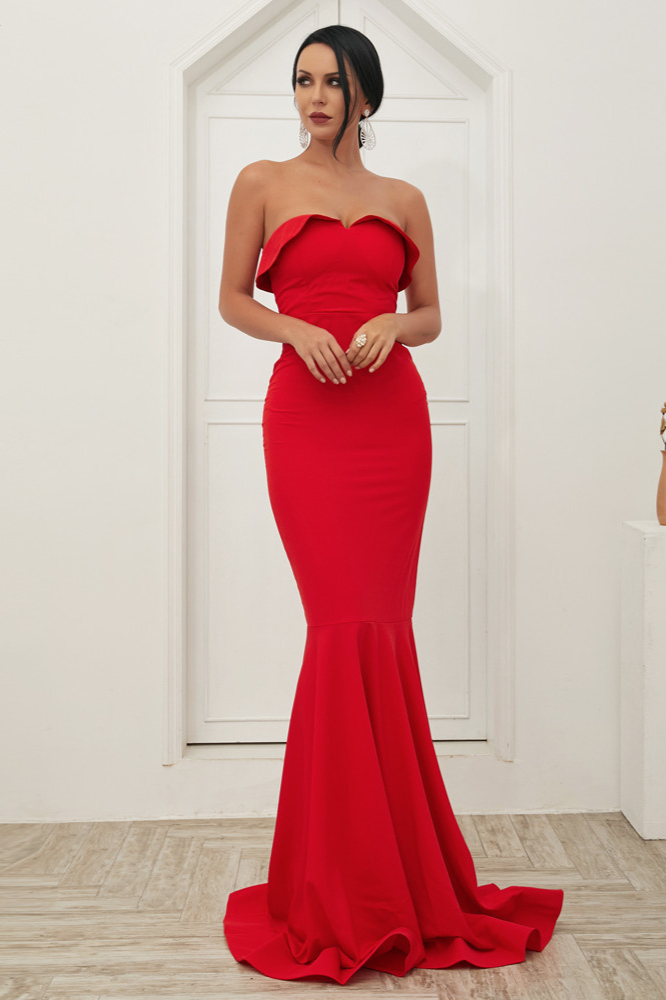 Stunning Red Mermaid Long Prom Dress Online With Ruffles