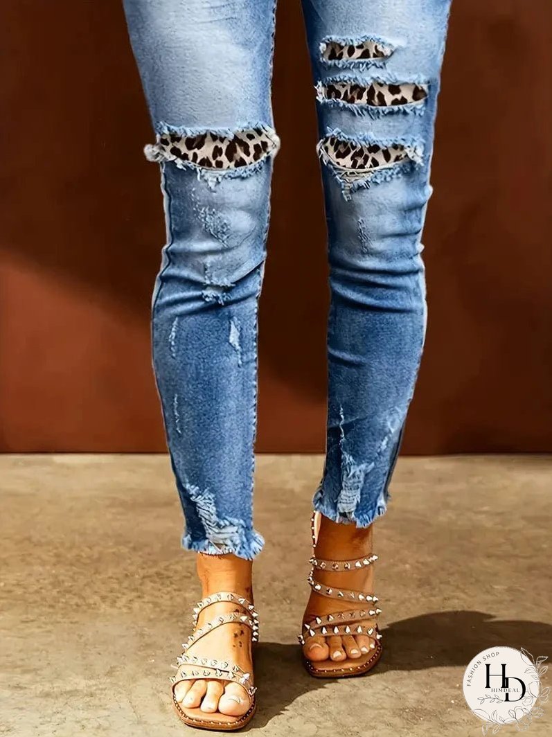 Blue Raw Hem Straight Jeans with Leopard Print Patchwork Detail and Ripped Holes - Women's Denim Clothing