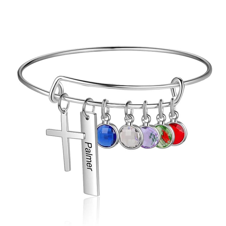 Personalized Cross Bracelet Bangle with 5 Birthstones for Her