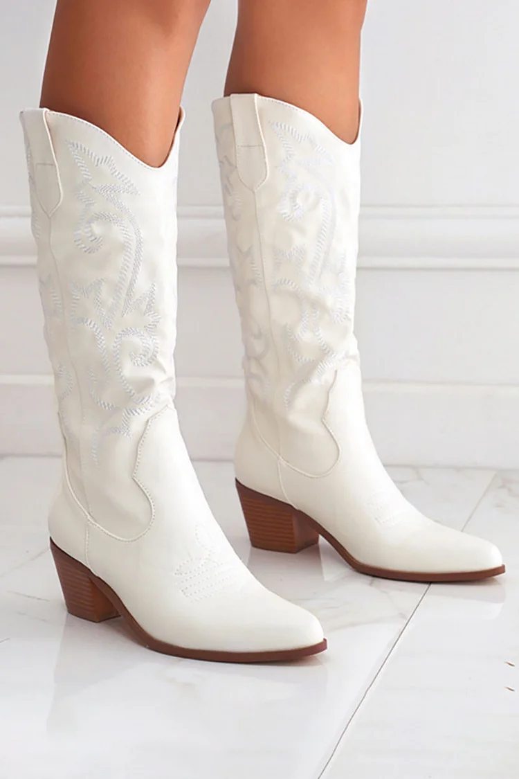Embroidery Pattern Pointy Toe Chunky Heel Knight Boots-White