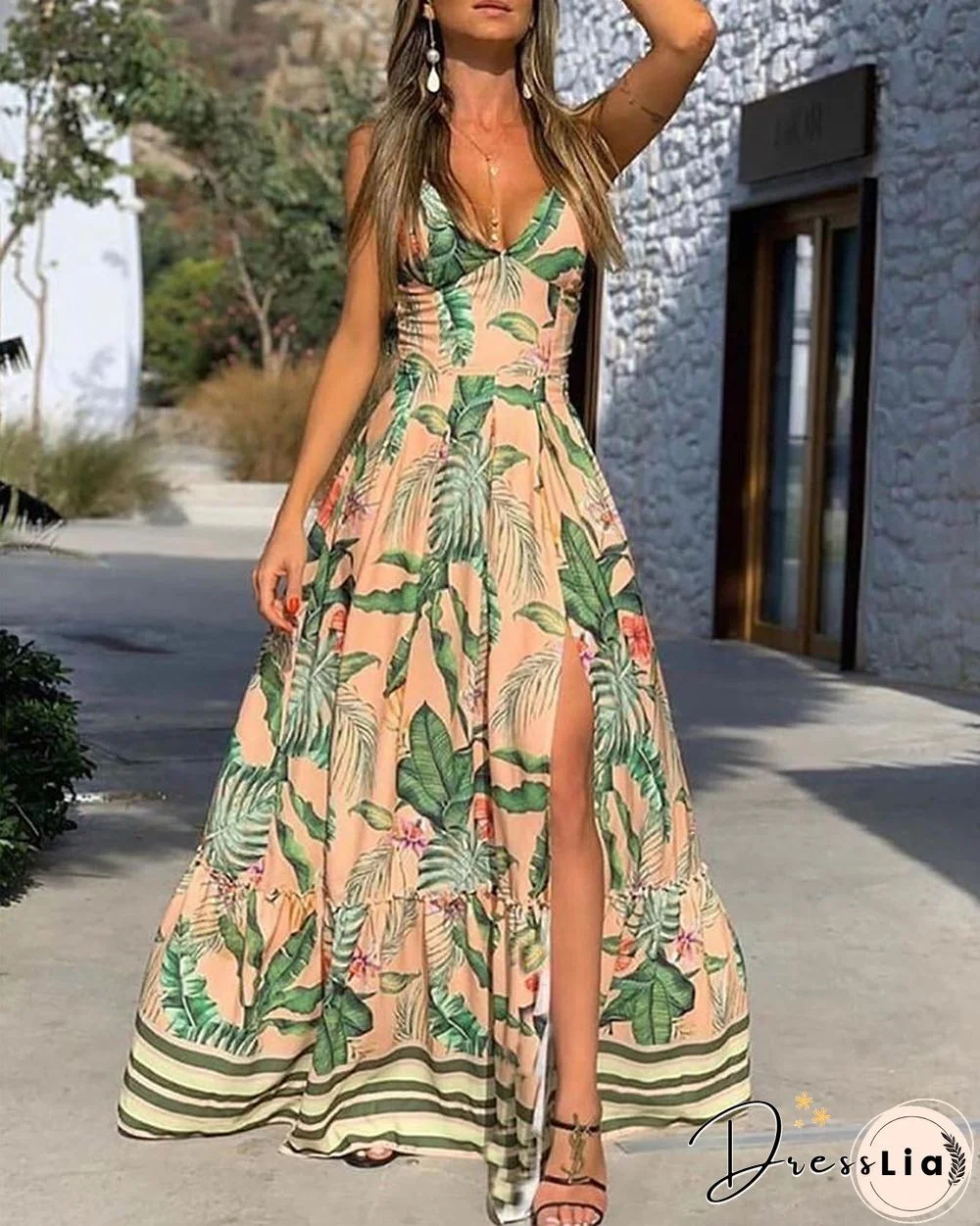 Tropical Print High Slit Maxi Dress P16068