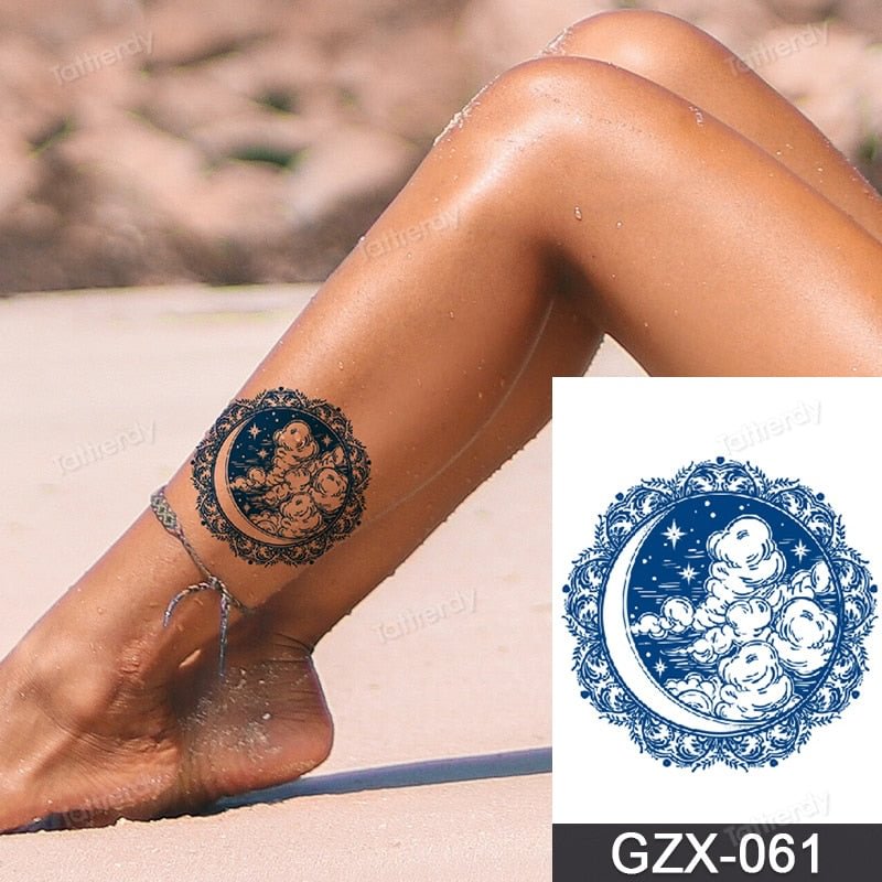Natural Juice Ink Tattoo Sticker Long Lasting Blue Moon Fox Owl Gun Rose Flower Tattoo Hand Sleeve Arm Small Temporary Tattoos