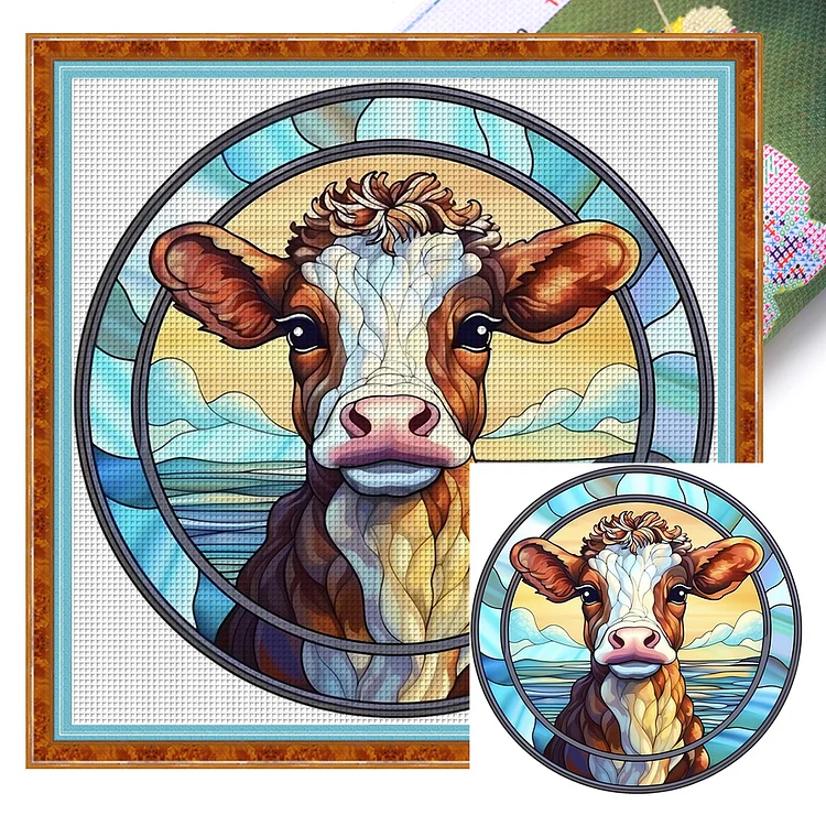 【Huacan Brand】Glass Art - Cow 18CT Stamped Cross Stitch 20*20CM