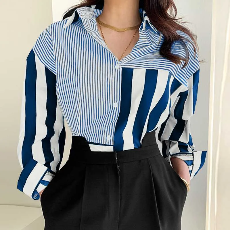 Stylish Lapel Work OL Chemise Spring Casual Loose Shirt Tops ZANZEA Women Long Sleeve Striped Printed Blouse  Tunic Shirt Top