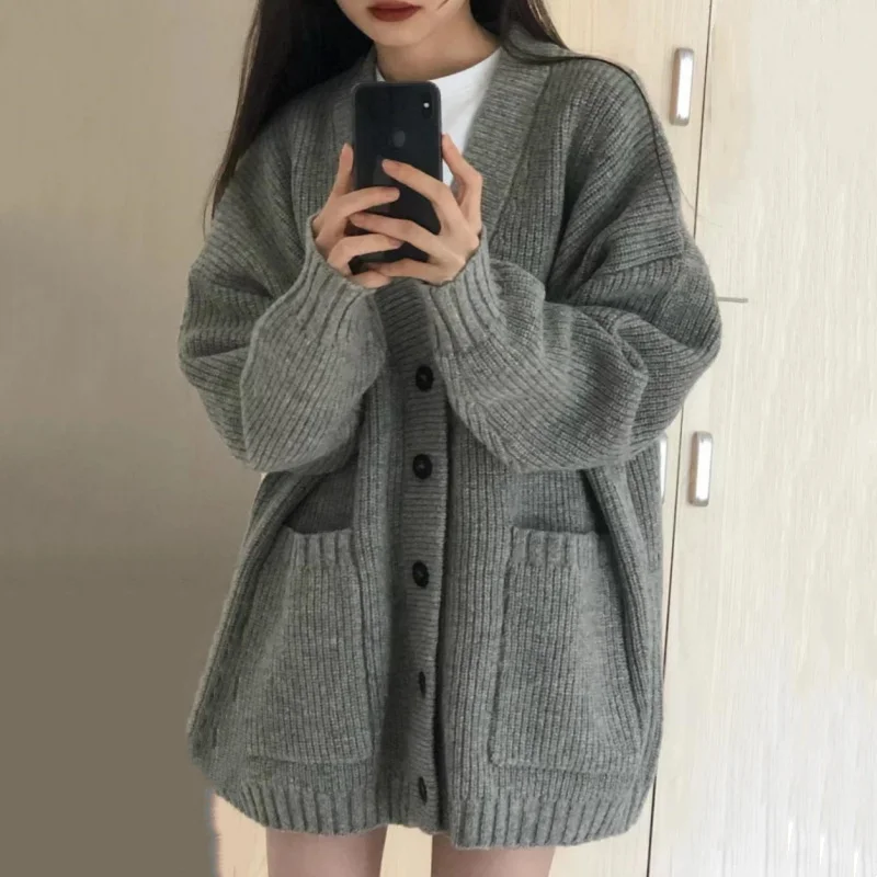 Toloer Toloer Winter New College Style Korean Version Loose Languid V-Neck Pocket Pure Color Knit Cardigan Coat Sweater Female-Outfit Ideas