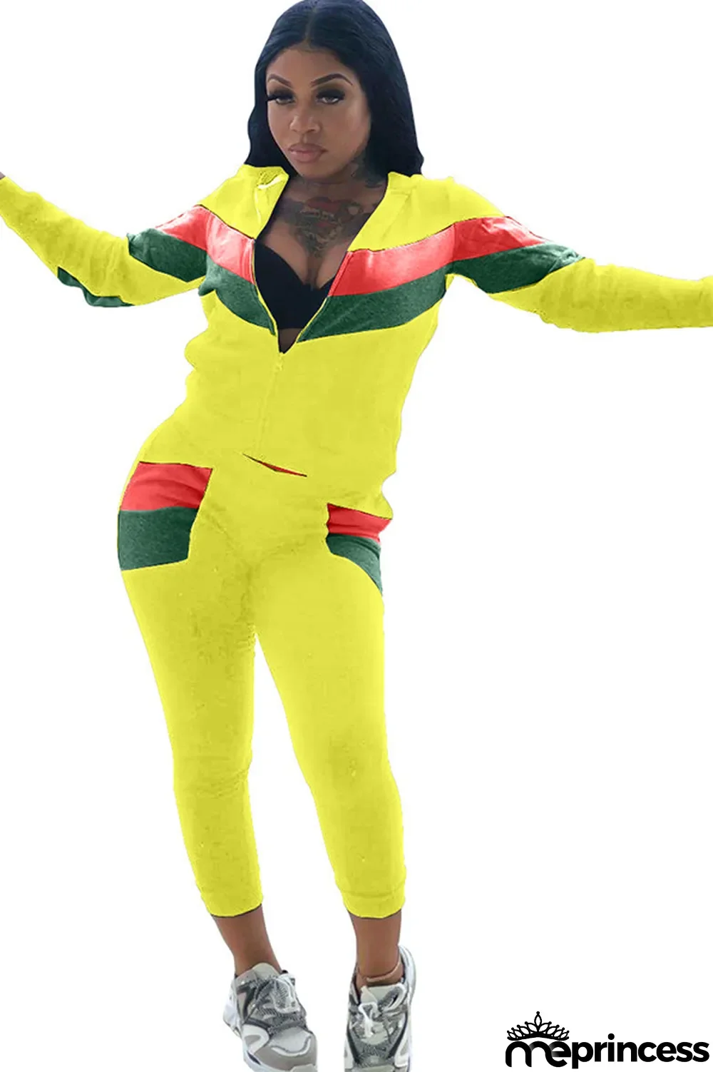 Blue Polyester Casual Two Piece Suits Patchwork Striped Straight Long Sleeve Two-piece Pants Set