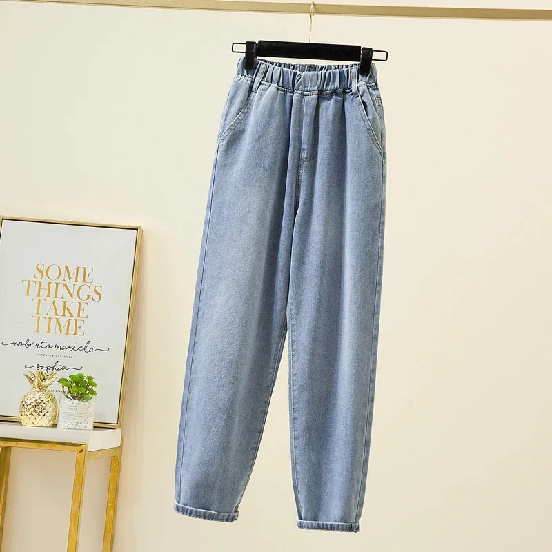 Tlbang Size Women Jeans 2024 Elastic Waist Loose Denim Pants Ninth Pants Casual Solid Baggy Mom Pants Spring Summer Trousers