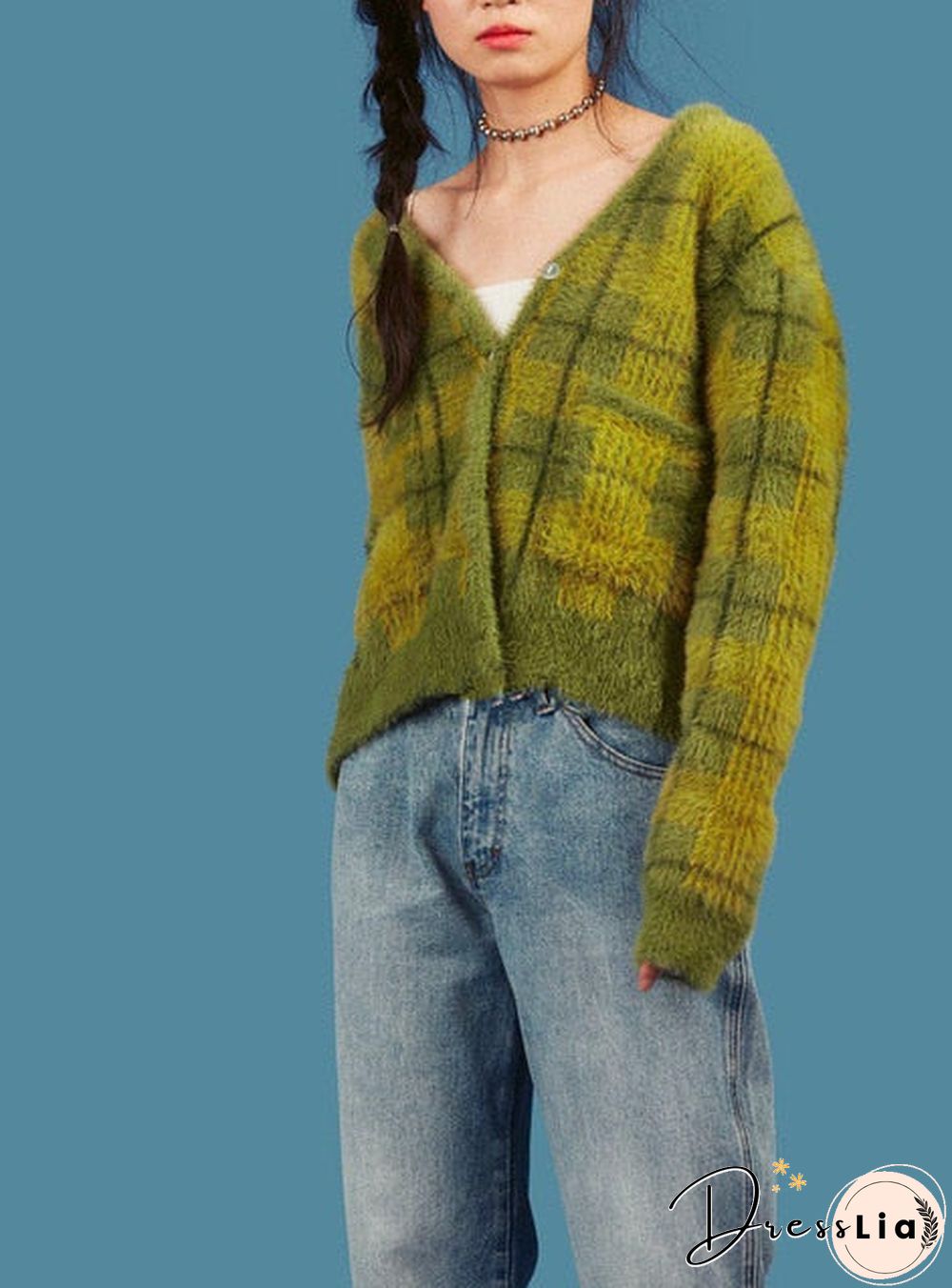 Vintage Mohair Sweater Women Knitted Cardigans Harajuku Lazy Style Ladies V-Neck Button Fuzzy Plaid Cardigan Fluffy Knitwear Top