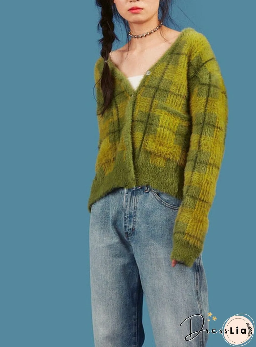 Vintage Mohair Sweater Women Knitted Cardigans Harajuku Lazy Style Ladies V-Neck Button Fuzzy Plaid Cardigan Fluffy Knitwear Top