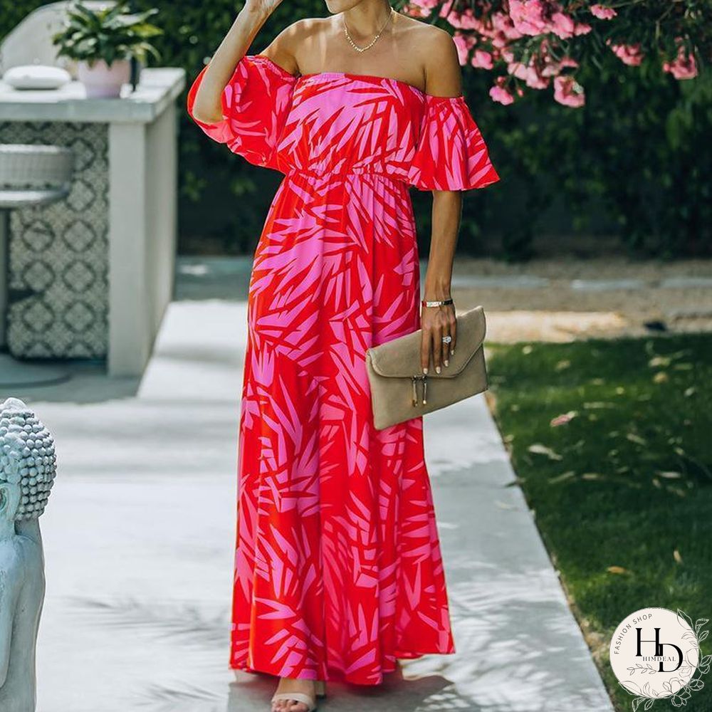 Beach Off Shoulder Red Printed Dress