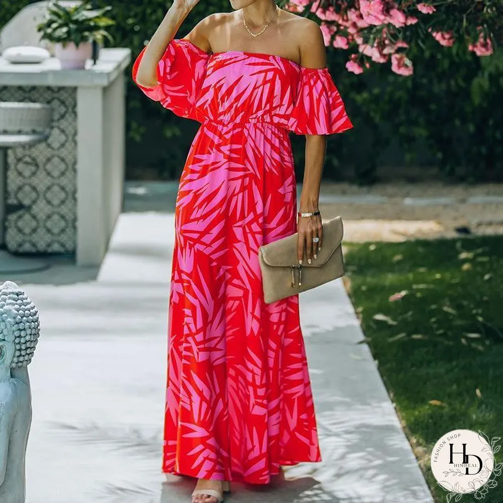Beach Off Shoulder Red Printed Dress