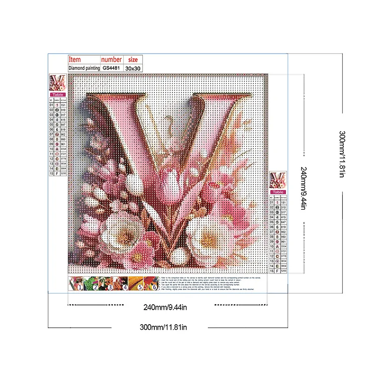 Pink Flower Letter V 30*30CM (Canvas) Full Round Drill Diamond Painting