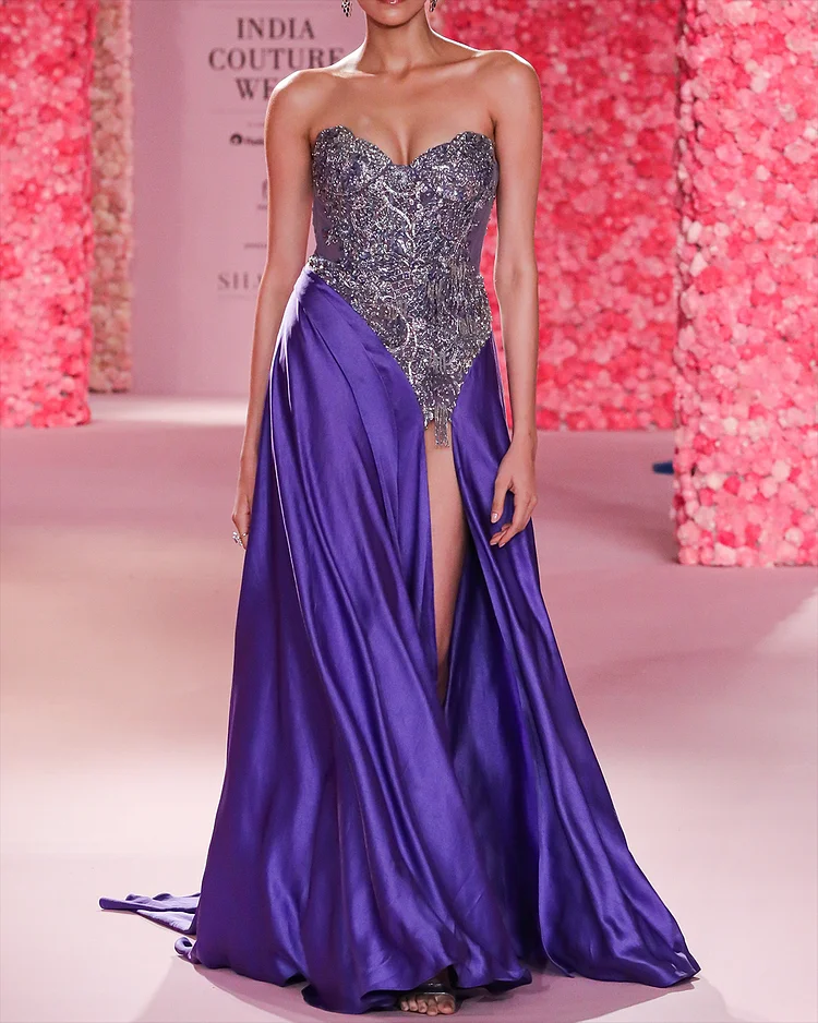 Women's Bandeau Slit Sequin Dress