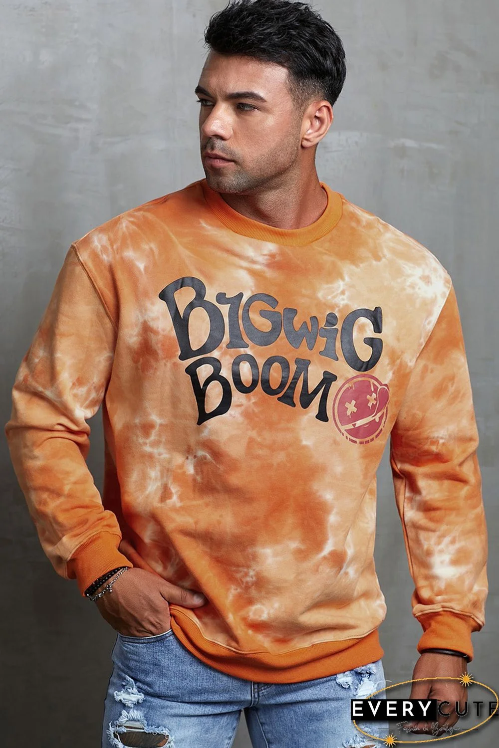 Orange Tie-dyed Letter Print Crew Neck Men's Graphic Sweatshirt