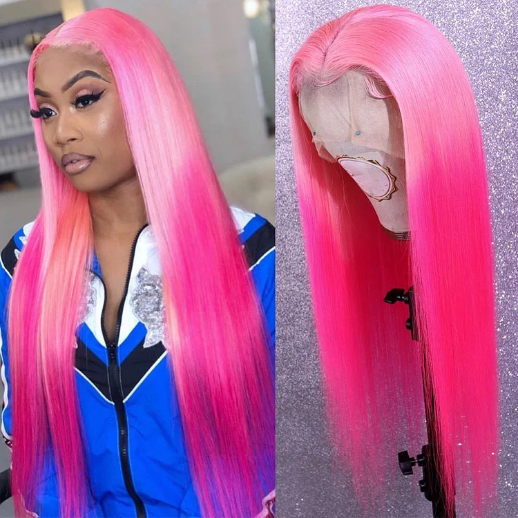 Rose Pink Straight Lace Front Wig Preplucked with Baby Hair Brazilian Remy Ombre Blue Full Lace Human Hair Wigs for Women