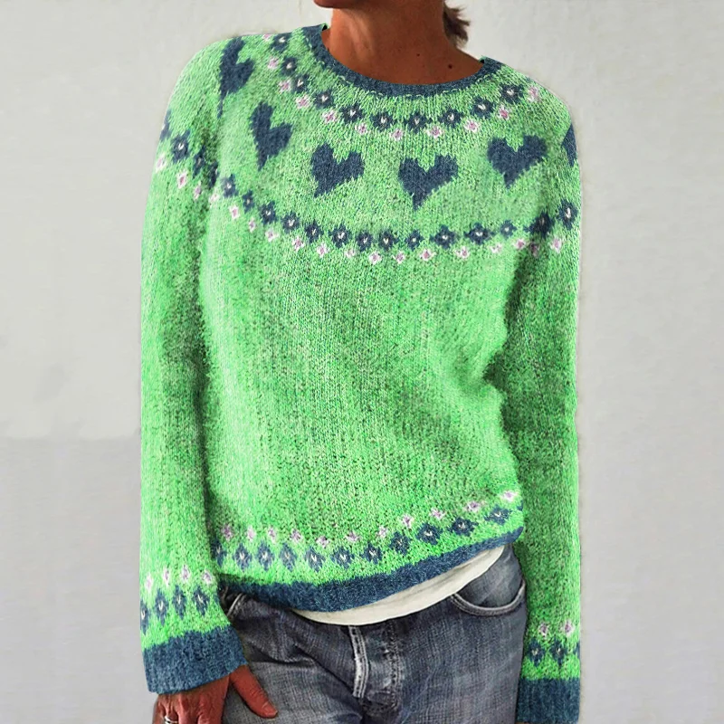 Retro Love Diamond Print Crew Neck Sweater