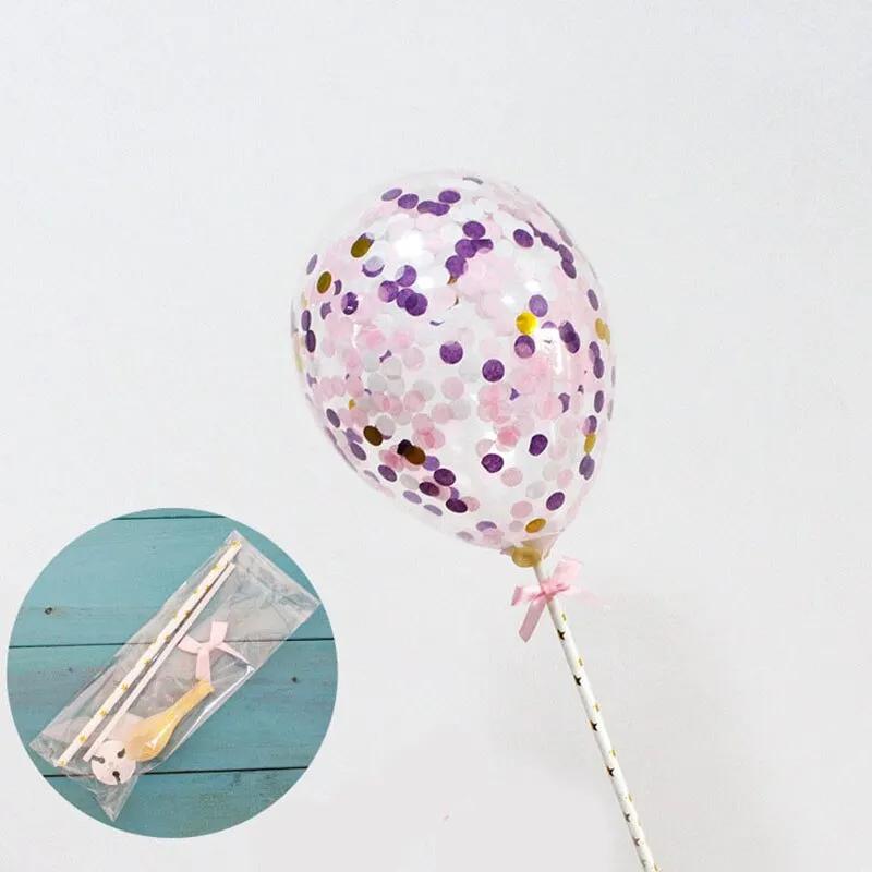 1 Set 5inch Confetti Balloon Cake Topper Decoration with Paper Straw Bow Baby Shower Favors Wedding Birthday Party Supplies