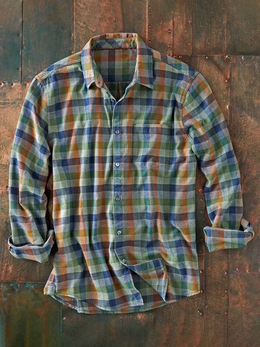 Men's Casual Green Plaid Long Sleeve Cotton Linen Shirt