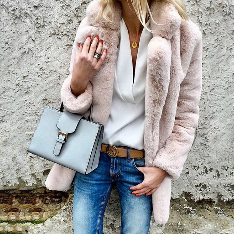 Fall/winter new style solid color long-sleeved lapel women's fluffy coat