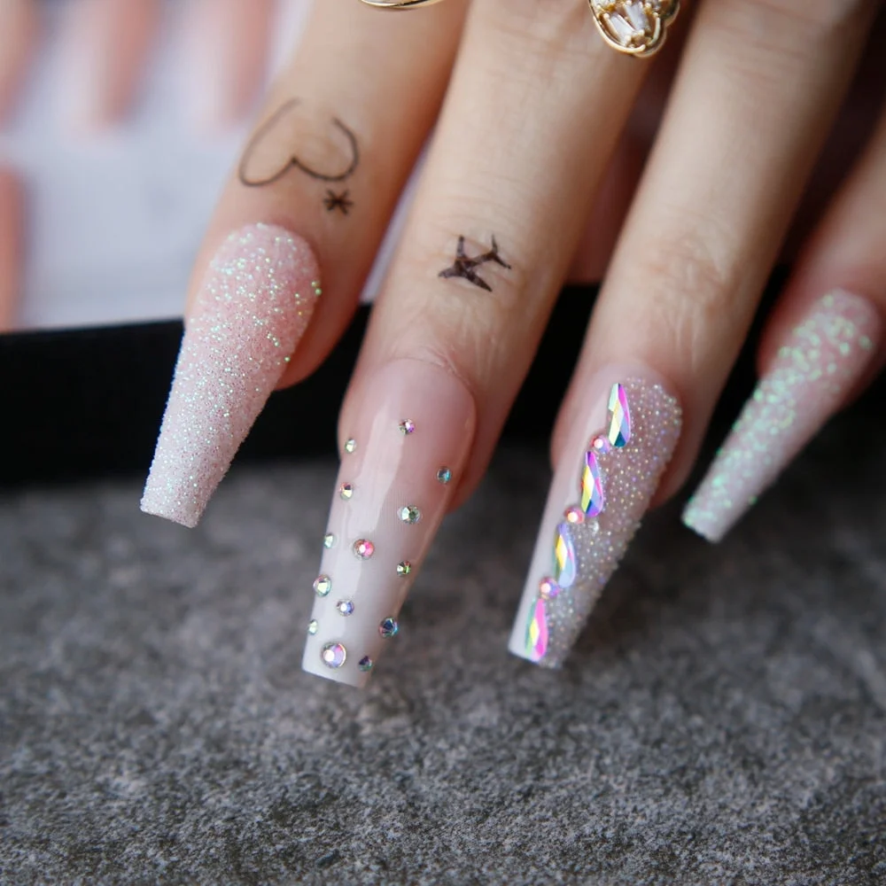 Beaeutiful Baby Boomer Ombre Long Coffin false nails Gift Luxury Crystal Galore Fake nails Box Press on nails Ballet-Nail Inspo