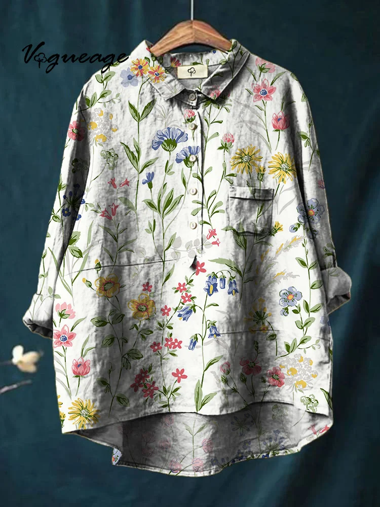 Colorful Watercolor Daisy Print Cotton And Linen Shirt