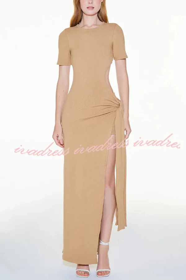 Holiday Party Ribbed Knit Cutout Waist Straps Slit Maxi Dress
