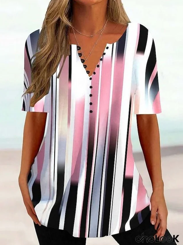 Women's T shirt Tee Black Pink Gray Graphic Floral Button Print Short Sleeve Casual Tunic Basic V Neck Regular Floral S